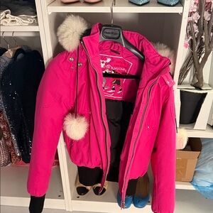 Moose Knuckles Hot Pink Kids Puffer Jacket with Faux-Fur Pom Details